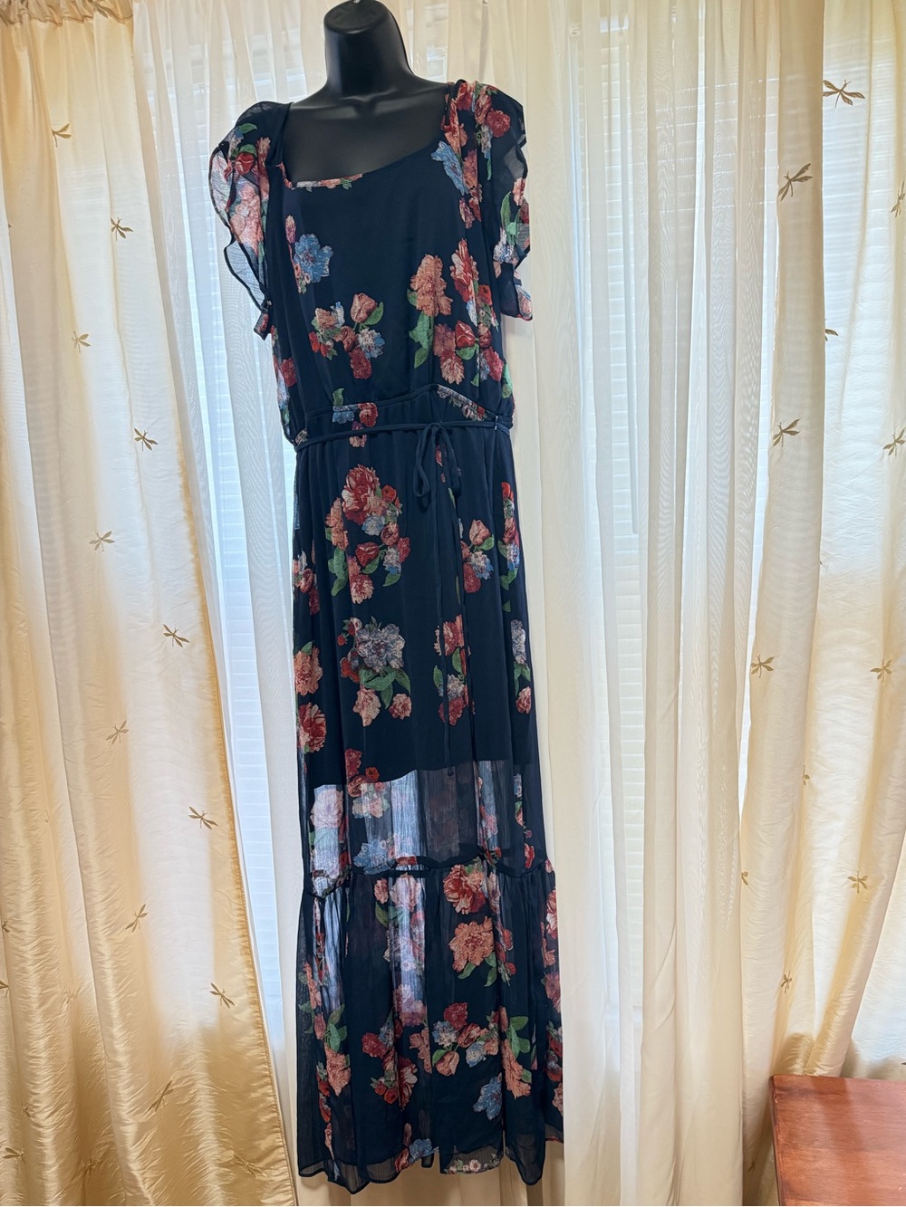 Women's Navy Floral Maxi Dress with Tie Waist